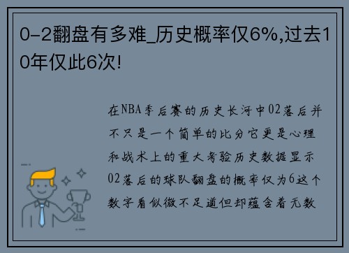 0-2翻盘有多难_历史概率仅6%,过去10年仅此6次!