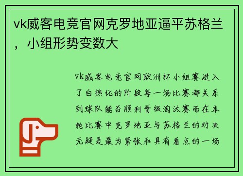 vk威客电竞官网克罗地亚逼平苏格兰，小组形势变数大